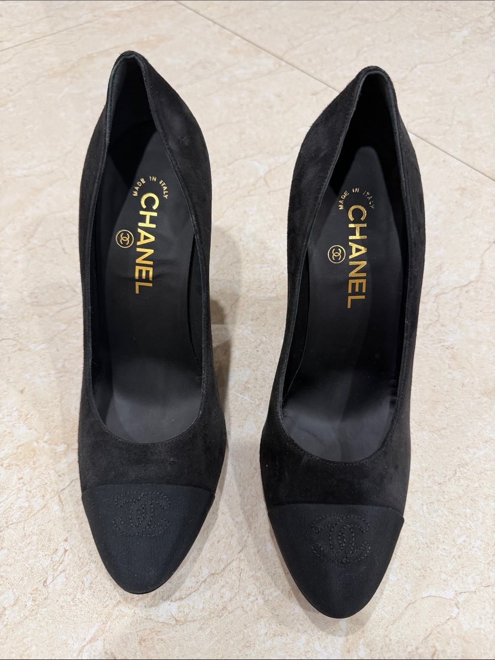 CHANEL Black Suede Pointed Toe Pumps with Quilted Cap Logo